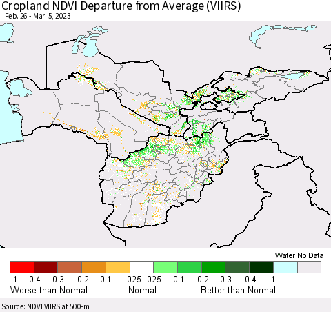 Central Asia Cropland NDVI Departure from Average (VIIRS) Thematic Map For 2/26/2023 - 3/5/2023