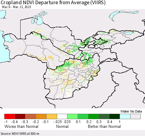 Central Asia Cropland NDVI Departure from Average (VIIRS) Thematic Map For 3/6/2023 - 3/13/2023
