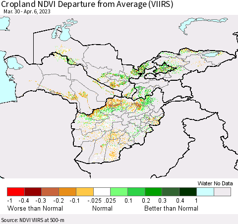 Central Asia Cropland NDVI Departure from Average (VIIRS) Thematic Map For 3/30/2023 - 4/6/2023