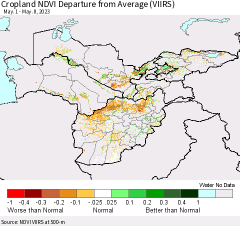 Central Asia Cropland NDVI Departure from Average (VIIRS) Thematic Map For 5/1/2023 - 5/8/2023