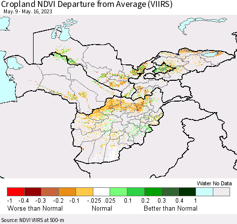 Central Asia Cropland NDVI Departure from Average (VIIRS) Thematic Map For 5/9/2023 - 5/16/2023