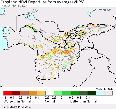 Central Asia Cropland NDVI Departure from Average (VIIRS) Thematic Map For 5/17/2023 - 5/24/2023