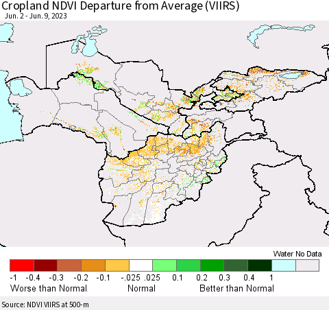 Central Asia Cropland NDVI Departure from Average (VIIRS) Thematic Map For 6/2/2023 - 6/9/2023