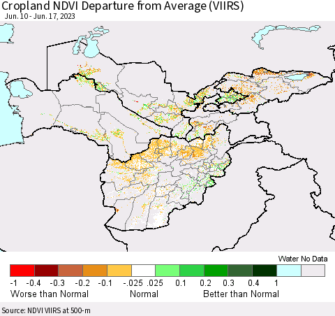 Central Asia Cropland NDVI Departure from Average (VIIRS) Thematic Map For 6/10/2023 - 6/17/2023
