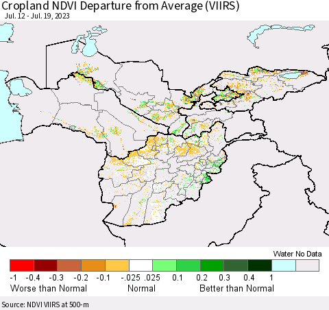 Central Asia Cropland NDVI Departure from Average (VIIRS) Thematic Map For 7/12/2023 - 7/19/2023