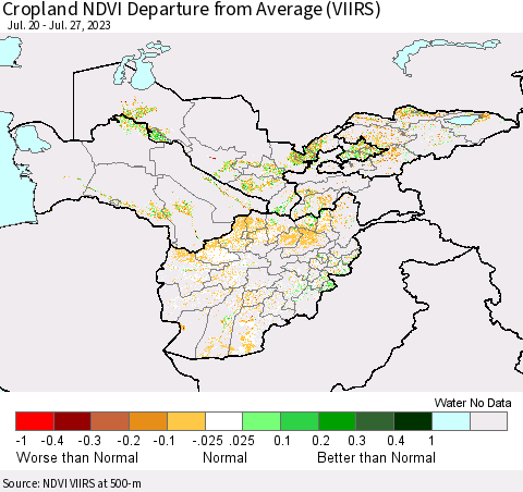 Central Asia Cropland NDVI Departure from Average (VIIRS) Thematic Map For 7/20/2023 - 7/27/2023