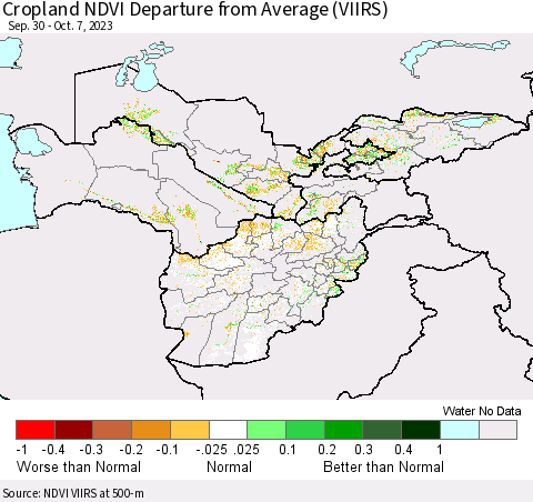Central Asia Cropland NDVI Departure from Average (VIIRS) Thematic Map For 9/30/2023 - 10/7/2023