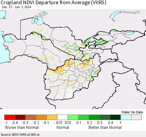 Central Asia Cropland NDVI Departure from Average (VIIRS) Thematic Map For 12/27/2023 - 1/3/2024