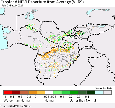 Central Asia Cropland NDVI Departure from Average (VIIRS) Thematic Map For 2/2/2024 - 2/9/2024