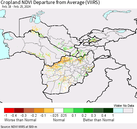 Central Asia Cropland NDVI Departure from Average (VIIRS) Thematic Map For 2/18/2024 - 2/25/2024