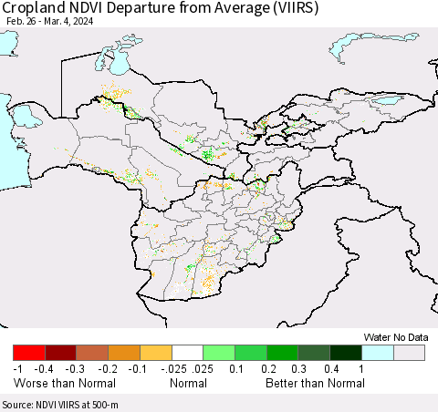 Central Asia Cropland NDVI Departure from Average (VIIRS) Thematic Map For 2/26/2024 - 3/4/2024