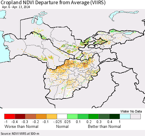 Central Asia Cropland NDVI Departure from Average (VIIRS) Thematic Map For 4/6/2024 - 4/13/2024