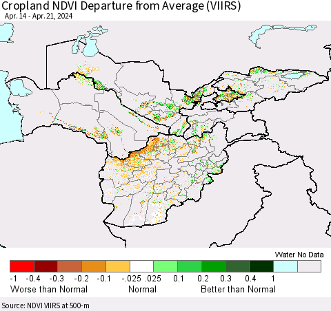 Central Asia Cropland NDVI Departure from Average (VIIRS) Thematic Map For 4/14/2024 - 4/21/2024