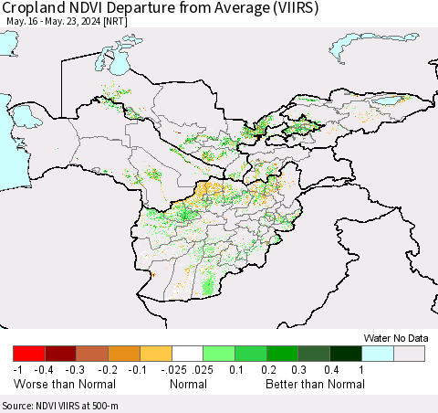 Central Asia Cropland NDVI Departure from Average (VIIRS) Thematic Map For 5/16/2024 - 5/23/2024