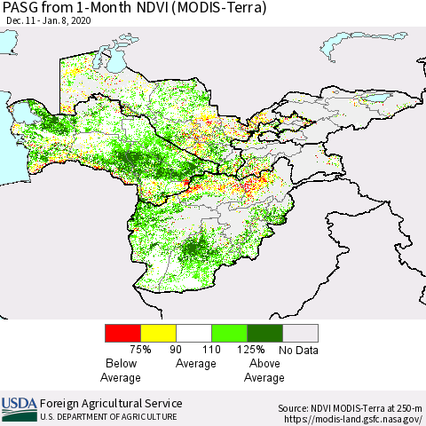 Central Asia PASG from 1-Month NDVI (Terra-MODIS) Thematic Map For 1/1/2020 - 1/10/2020