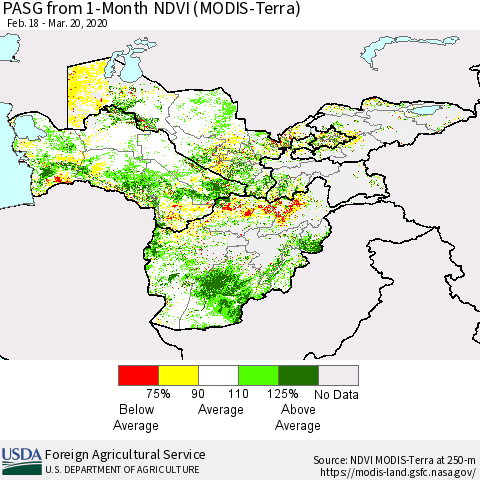 Central Asia PASG from 1-Month NDVI (Terra-MODIS) Thematic Map For 3/11/2020 - 3/20/2020