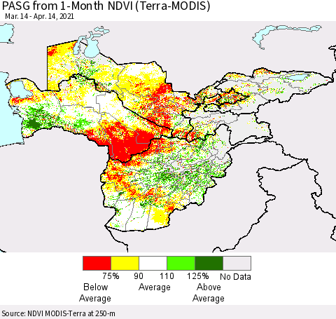 Central Asia PASG from 1-Month NDVI (Terra-MODIS) Thematic Map For 4/7/2021 - 4/14/2021