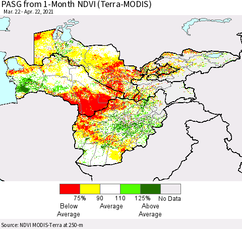 Central Asia PASG from 1-Month NDVI (Terra-MODIS) Thematic Map For 4/15/2021 - 4/22/2021