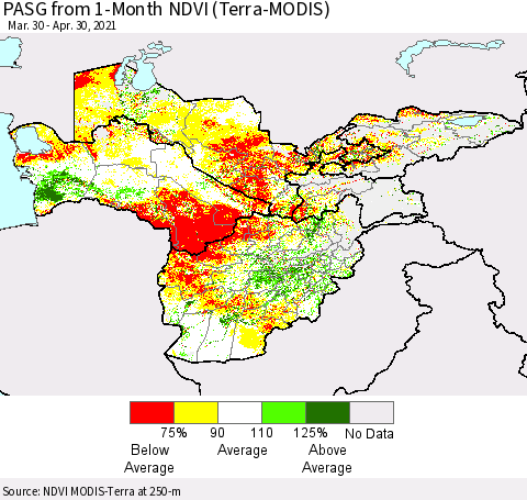 Central Asia PASG from 1-Month NDVI (Terra-MODIS) Thematic Map For 4/23/2021 - 4/30/2021