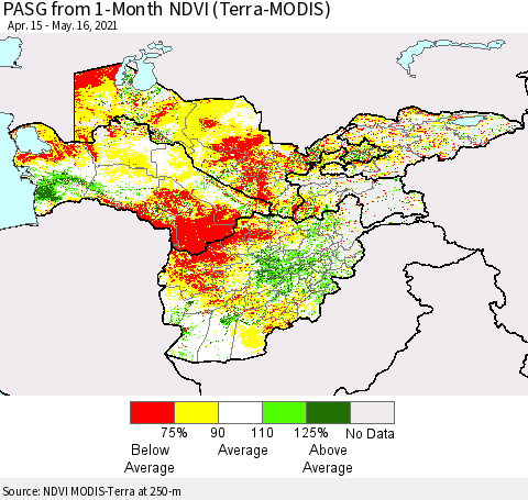 Central Asia PASG from 1-Month NDVI (Terra-MODIS) Thematic Map For 5/9/2021 - 5/16/2021