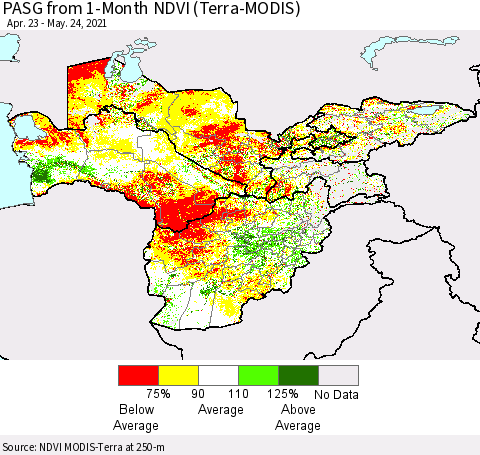 Central Asia PASG from 1-Month NDVI (Terra-MODIS) Thematic Map For 5/17/2021 - 5/24/2021