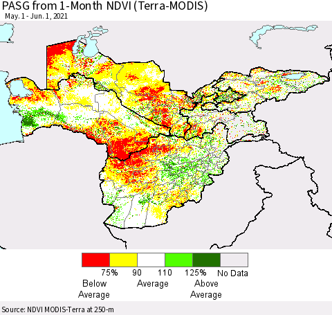 Central Asia PASG from 1-Month NDVI (Terra-MODIS) Thematic Map For 5/25/2021 - 6/1/2021