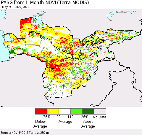 Central Asia PASG from 1-Month NDVI (Terra-MODIS) Thematic Map For 6/2/2021 - 6/9/2021