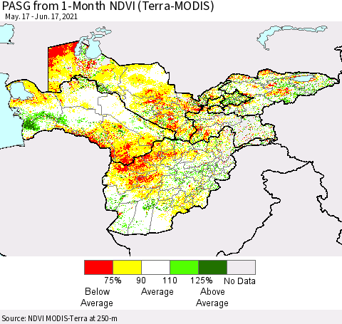 Central Asia PASG from 1-Month NDVI (Terra-MODIS) Thematic Map For 6/10/2021 - 6/17/2021