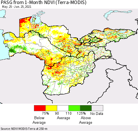 Central Asia PASG from 1-Month NDVI (Terra-MODIS) Thematic Map For 6/18/2021 - 6/25/2021