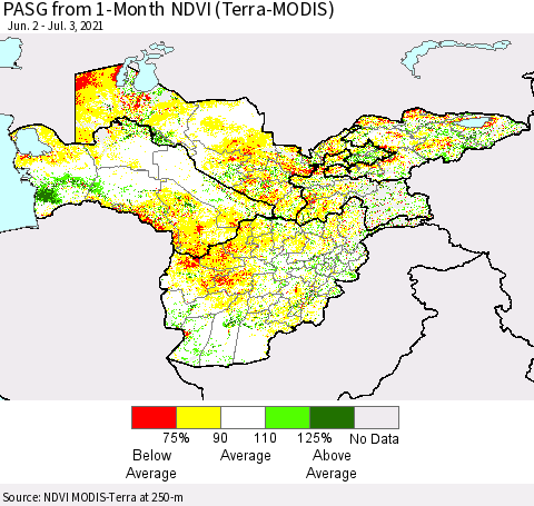 Central Asia PASG from 1-Month NDVI (Terra-MODIS) Thematic Map For 6/26/2021 - 7/3/2021
