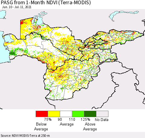 Central Asia PASG from 1-Month NDVI (Terra-MODIS) Thematic Map For 7/4/2021 - 7/11/2021
