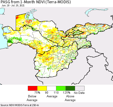 Central Asia PASG from 1-Month NDVI (Terra-MODIS) Thematic Map For 7/12/2021 - 7/19/2021