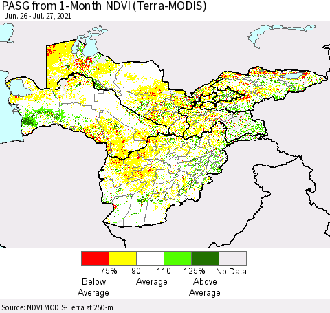 Central Asia PASG from 1-Month NDVI (Terra-MODIS) Thematic Map For 7/20/2021 - 7/27/2021