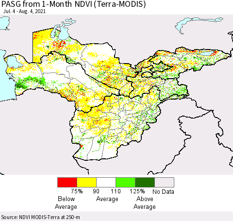 Central Asia PASG from 1-Month NDVI (Terra-MODIS) Thematic Map For 7/28/2021 - 8/4/2021
