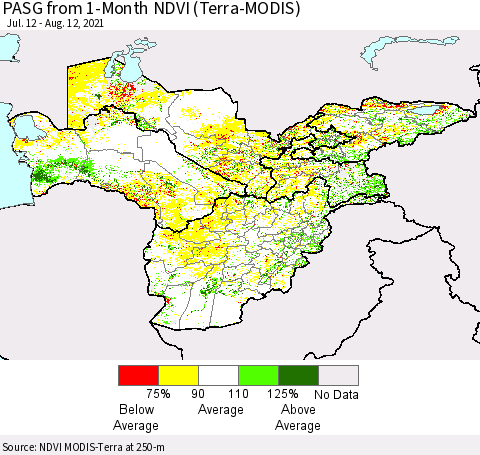 Central Asia PASG from 1-Month NDVI (Terra-MODIS) Thematic Map For 8/5/2021 - 8/12/2021