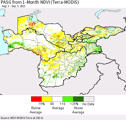 Central Asia PASG from 1-Month NDVI (Terra-MODIS) Thematic Map For 8/29/2021 - 9/5/2021