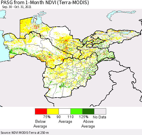 Central Asia PASG from 1-Month NDVI (Terra-MODIS) Thematic Map For 10/24/2021 - 10/31/2021