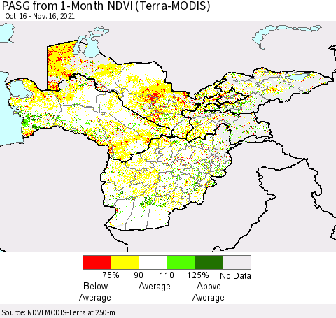 Central Asia PASG from 1-Month NDVI (Terra-MODIS) Thematic Map For 11/9/2021 - 11/16/2021