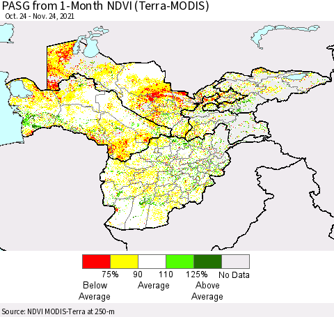 Central Asia PASG from 1-Month NDVI (Terra-MODIS) Thematic Map For 11/17/2021 - 11/24/2021