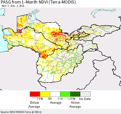 Central Asia PASG from 1-Month NDVI (Terra-MODIS) Thematic Map For 11/25/2021 - 12/2/2021