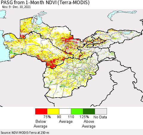 Central Asia PASG from 1-Month NDVI (Terra-MODIS) Thematic Map For 12/3/2021 - 12/10/2021