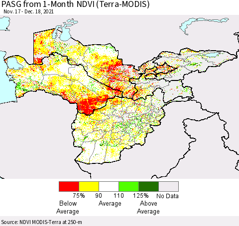 Central Asia PASG from 1-Month NDVI (Terra-MODIS) Thematic Map For 12/11/2021 - 12/18/2021