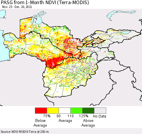 Central Asia PASG from 1-Month NDVI (Terra-MODIS) Thematic Map For 12/19/2021 - 12/26/2021
