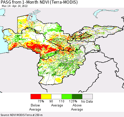 Central Asia PASG from 1-Month NDVI (Terra-MODIS) Thematic Map For 4/7/2022 - 4/14/2022