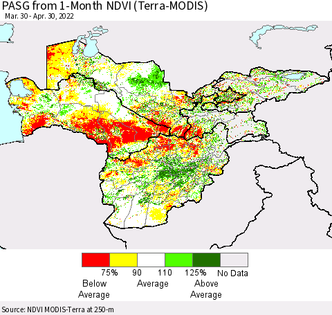 Central Asia PASG from 1-Month NDVI (Terra-MODIS) Thematic Map For 4/23/2022 - 4/30/2022