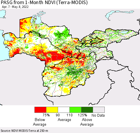 Central Asia PASG from 1-Month NDVI (Terra-MODIS) Thematic Map For 5/1/2022 - 5/8/2022