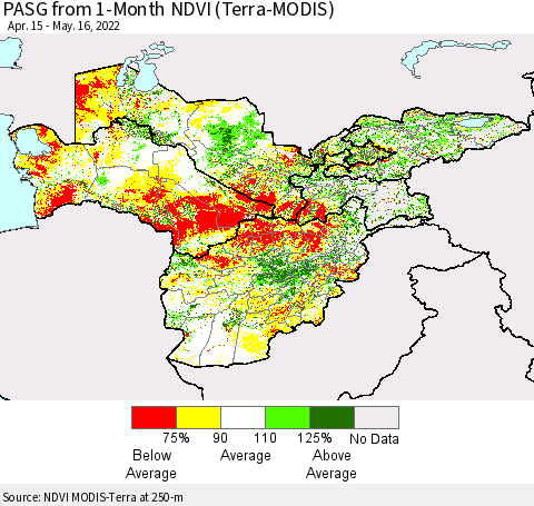 Central Asia PASG from 1-Month NDVI (Terra-MODIS) Thematic Map For 5/9/2022 - 5/16/2022