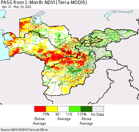 Central Asia PASG from 1-Month NDVI (Terra-MODIS) Thematic Map For 5/17/2022 - 5/24/2022