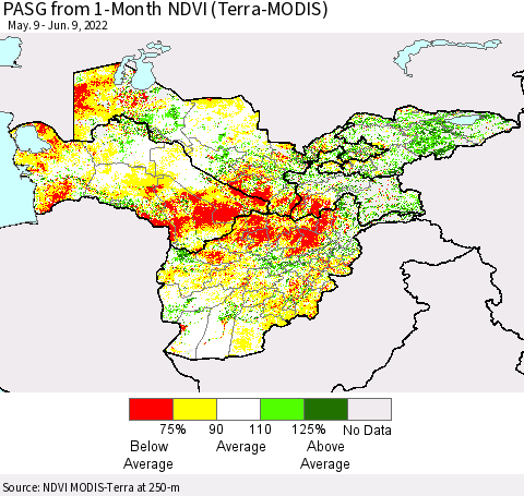 Central Asia PASG from 1-Month NDVI (Terra-MODIS) Thematic Map For 6/2/2022 - 6/9/2022