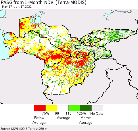 Central Asia PASG from 1-Month NDVI (Terra-MODIS) Thematic Map For 6/10/2022 - 6/17/2022